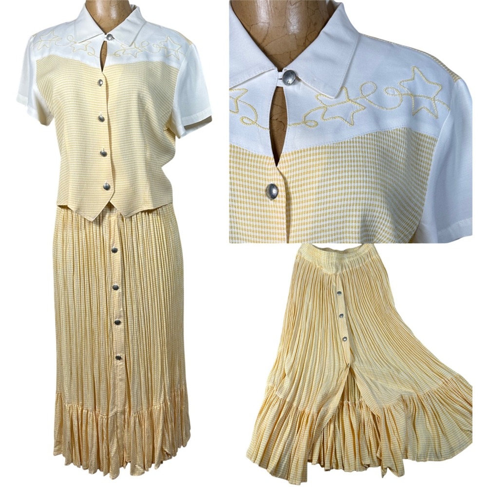 Roughrider Vintage 90s Western Skirt Set Yellow Gingham Star Embroidered Punchy‎